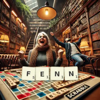 Kreative Illustration für ein Scrabble-Spiel, bei dem das Wort FENN mit Steinen auf dem Brett gelegt wurde.