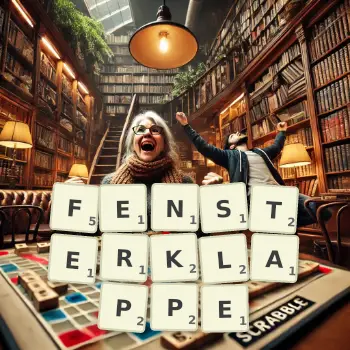 Kreative Illustration für ein Scrabble-Spiel, bei dem das Wort FENSTERKLAPPE mit Steinen auf dem Brett gelegt wurde.