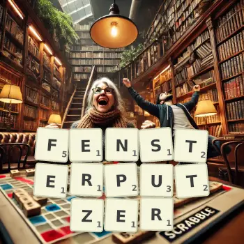 Kreative Illustration für ein Scrabble-Spiel, bei dem das Wort FENSTERPUTZER mit Steinen auf dem Brett gelegt wurde.