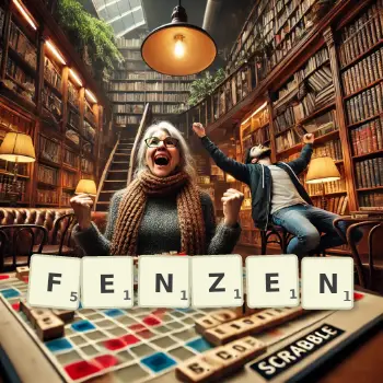 Kreative Illustration für ein Scrabble-Spiel, bei dem das Wort FENZEN mit Steinen auf dem Brett gelegt wurde.