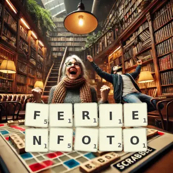 Kreative Illustration für ein Scrabble-Spiel, bei dem das Wort FERIENFOTO mit Steinen auf dem Brett gelegt wurde.