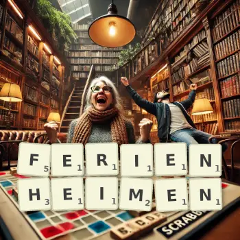 Kreative Illustration für ein Scrabble-Spiel, bei dem das Wort FERIENHEIMEN mit Steinen auf dem Brett gelegt wurde.