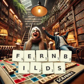 Kreative Illustration für ein Scrabble-Spiel, bei dem das Wort FERNBILDS mit Steinen auf dem Brett gelegt wurde.