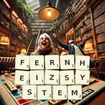 Kreative Illustration für ein Scrabble-Spiel, bei dem das Wort FERNHEIZSYSTEM mit Steinen auf dem Brett gelegt wurde.