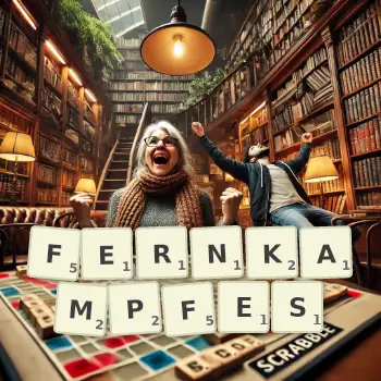 Kreative Illustration für ein Scrabble-Spiel, bei dem das Wort FERNKAMPFES mit Steinen auf dem Brett gelegt wurde.