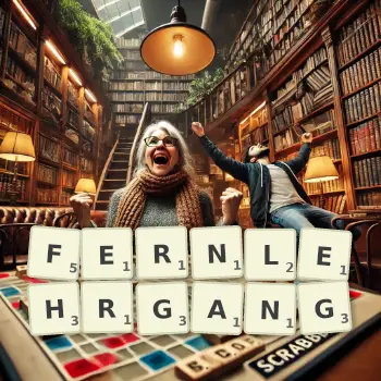Kreative Illustration für ein Scrabble-Spiel, bei dem das Wort FERNLEHRGANG mit Steinen auf dem Brett gelegt wurde.