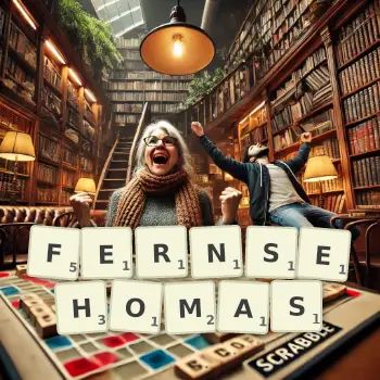Kreative Illustration für ein Scrabble-Spiel, bei dem das Wort FERNSEHOMAS mit Steinen auf dem Brett gelegt wurde.