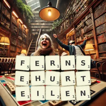 Kreative Illustration für ein Scrabble-Spiel, bei dem das Wort FERNSEHURTEILEN mit Steinen auf dem Brett gelegt wurde.