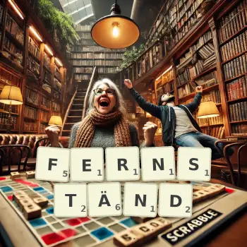 Kreative Illustration für ein Scrabble-Spiel, bei dem das Wort FERNSTÄND mit Steinen auf dem Brett gelegt wurde.