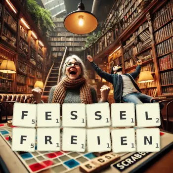Kreative Illustration für ein Scrabble-Spiel, bei dem das Wort FESSELFREIEN mit Steinen auf dem Brett gelegt wurde.