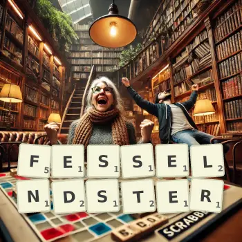 Kreative Illustration für ein Scrabble-Spiel, bei dem das Wort FESSELNDSTER mit Steinen auf dem Brett gelegt wurde.
