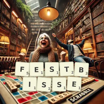 Kreative Illustration für ein Scrabble-Spiel, bei dem das Wort FESTBISSE mit Steinen auf dem Brett gelegt wurde.