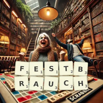 Kreative Illustration für ein Scrabble-Spiel, bei dem das Wort FESTBRAUCH mit Steinen auf dem Brett gelegt wurde.