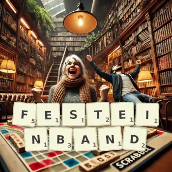 Kreative Illustration für ein Scrabble-Spiel, bei dem das Wort FESTEINBAND mit Steinen auf dem Brett gelegt wurde.