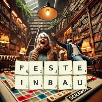 Kreative Illustration für ein Scrabble-Spiel, bei dem das Wort FESTEINBAU mit Steinen auf dem Brett gelegt wurde.