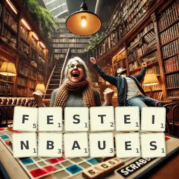 Kreative Illustration für ein Scrabble-Spiel, bei dem das Wort FESTEINBAUES mit Steinen auf dem Brett gelegt wurde.