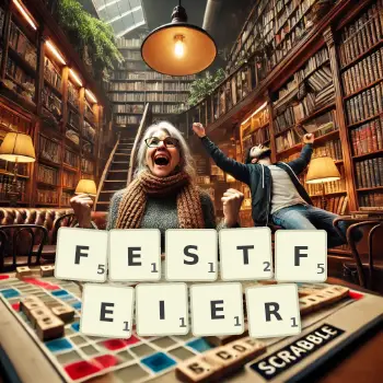 Kreative Illustration für ein Scrabble-Spiel, bei dem das Wort FESTFEIER mit Steinen auf dem Brett gelegt wurde.