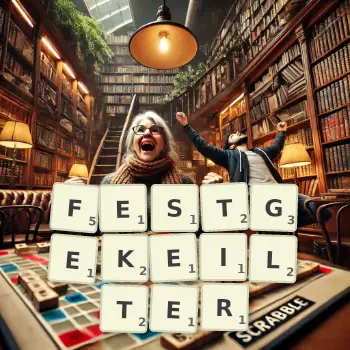 Kreative Illustration für ein Scrabble-Spiel, bei dem das Wort FESTGEKEILTER mit Steinen auf dem Brett gelegt wurde.
