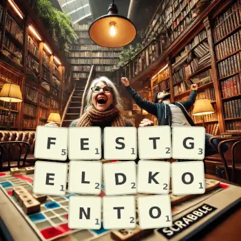 Kreative Illustration für ein Scrabble-Spiel, bei dem das Wort FESTGELDKONTO mit Steinen auf dem Brett gelegt wurde.