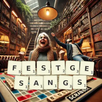 Kreative Illustration für ein Scrabble-Spiel, bei dem das Wort FESTGESANGS mit Steinen auf dem Brett gelegt wurde.