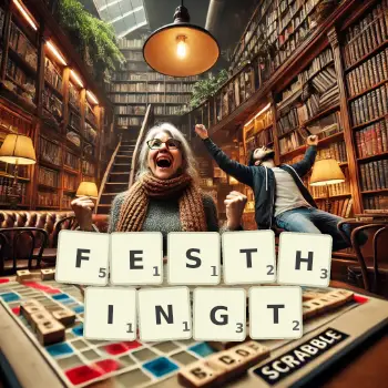 Kreative Illustration für ein Scrabble-Spiel, bei dem das Wort FESTHINGT mit Steinen auf dem Brett gelegt wurde.