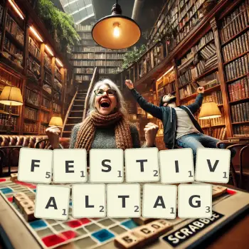 Kreative Illustration für ein Scrabble-Spiel, bei dem das Wort FESTIVALTAG mit Steinen auf dem Brett gelegt wurde.