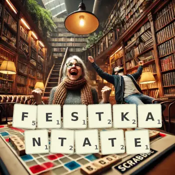 Kreative Illustration für ein Scrabble-Spiel, bei dem das Wort FESTKANTATE mit Steinen auf dem Brett gelegt wurde.