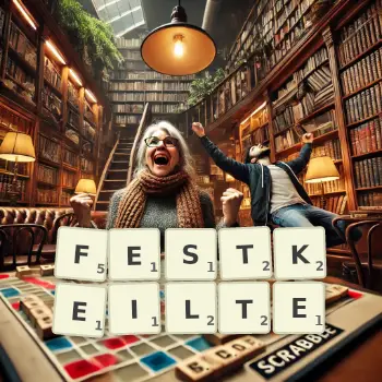Kreative Illustration für ein Scrabble-Spiel, bei dem das Wort FESTKEILTE mit Steinen auf dem Brett gelegt wurde.