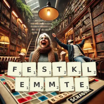 Kreative Illustration für ein Scrabble-Spiel, bei dem das Wort FESTKLEMMTE mit Steinen auf dem Brett gelegt wurde.