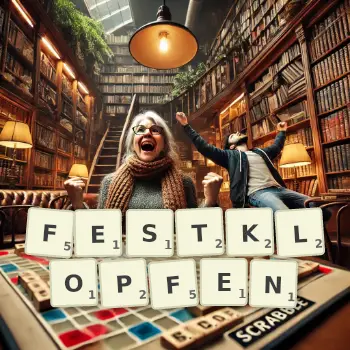 Kreative Illustration für ein Scrabble-Spiel, bei dem das Wort FESTKLOPFEN mit Steinen auf dem Brett gelegt wurde.