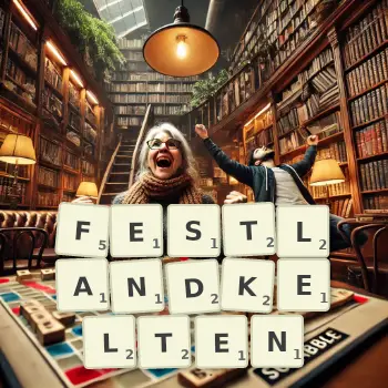 Kreative Illustration für ein Scrabble-Spiel, bei dem das Wort FESTLANDKELTEN mit Steinen auf dem Brett gelegt wurde.