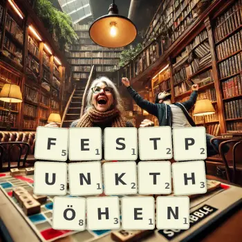 Kreative Illustration für ein Scrabble-Spiel, bei dem das Wort FESTPUNKTHÖHEN mit Steinen auf dem Brett gelegt wurde.