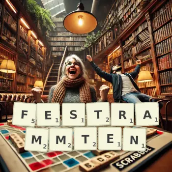 Kreative Illustration für ein Scrabble-Spiel, bei dem das Wort FESTRAMMTEN mit Steinen auf dem Brett gelegt wurde.