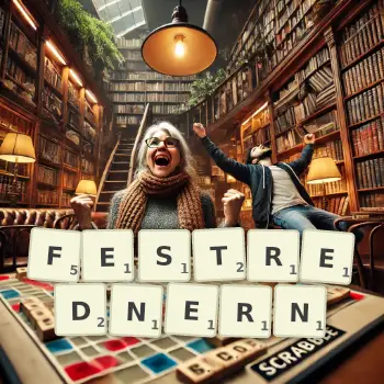Kreative Illustration für ein Scrabble-Spiel, bei dem das Wort FESTREDNERN mit Steinen auf dem Brett gelegt wurde.