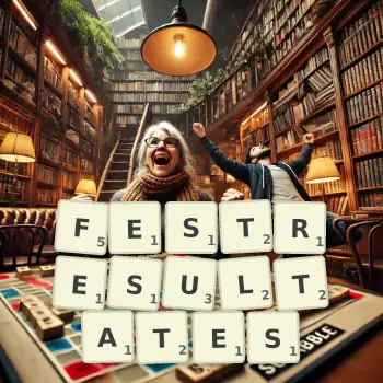 Kreative Illustration für ein Scrabble-Spiel, bei dem das Wort FESTRESULTATES mit Steinen auf dem Brett gelegt wurde.