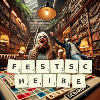 Kreative Illustration für ein Scrabble-Spiel, bei dem das Wort FESTSCHEIBE mit Steinen auf dem Brett gelegt wurde.