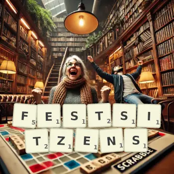 Kreative Illustration für ein Scrabble-Spiel, bei dem das Wort FESTSITZENS mit Steinen auf dem Brett gelegt wurde.