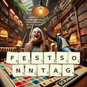 Kreative Illustration für ein Scrabble-Spiel, bei dem das Wort FESTSONNTAG mit Steinen auf dem Brett gelegt wurde.