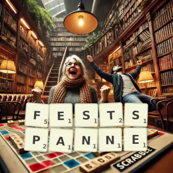 Kreative Illustration für ein Scrabble-Spiel, bei dem das Wort FESTSPANNE mit Steinen auf dem Brett gelegt wurde.