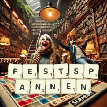 Kreative Illustration für ein Scrabble-Spiel, bei dem das Wort FESTSPANNEN mit Steinen auf dem Brett gelegt wurde.