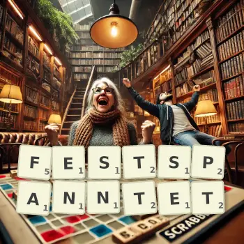 Kreative Illustration für ein Scrabble-Spiel, bei dem das Wort FESTSPANNTET mit Steinen auf dem Brett gelegt wurde.
