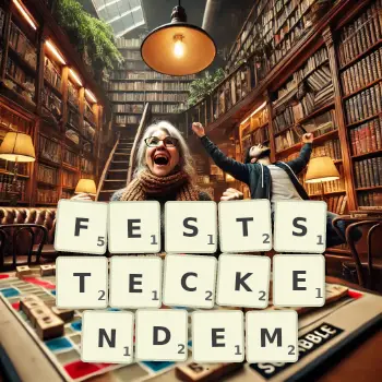 Kreative Illustration für ein Scrabble-Spiel, bei dem das Wort FESTSTECKENDEM mit Steinen auf dem Brett gelegt wurde.