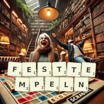 Kreative Illustration für ein Scrabble-Spiel, bei dem das Wort FESTTEMPELN mit Steinen auf dem Brett gelegt wurde.
