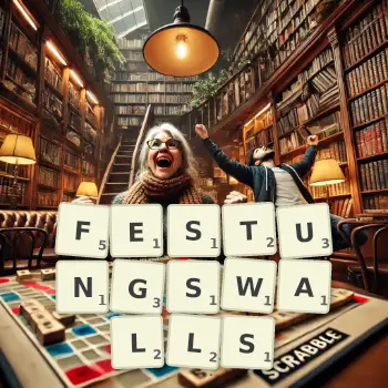 Kreative Illustration für ein Scrabble-Spiel, bei dem das Wort FESTUNGSWALLS mit Steinen auf dem Brett gelegt wurde.