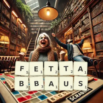 Kreative Illustration für ein Scrabble-Spiel, bei dem das Wort FETTABBAUS mit Steinen auf dem Brett gelegt wurde.