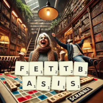 Kreative Illustration für ein Scrabble-Spiel, bei dem das Wort FETTBASIS mit Steinen auf dem Brett gelegt wurde.
