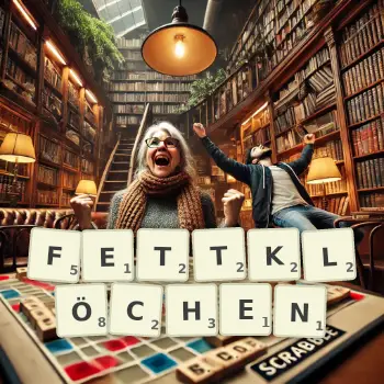 Kreative Illustration für ein Scrabble-Spiel, bei dem das Wort FETTKLÖCHEN mit Steinen auf dem Brett gelegt wurde.