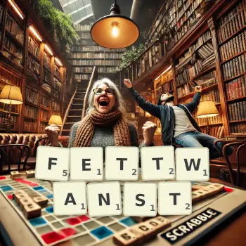 Kreative Illustration für ein Scrabble-Spiel, bei dem das Wort FETTWANST mit Steinen auf dem Brett gelegt wurde.