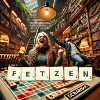 Kreative Illustration für ein Scrabble-Spiel, bei dem das Wort FETZEN mit Steinen auf dem Brett gelegt wurde.