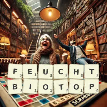 Kreative Illustration für ein Scrabble-Spiel, bei dem das Wort FEUCHTBIOTOP mit Steinen auf dem Brett gelegt wurde.